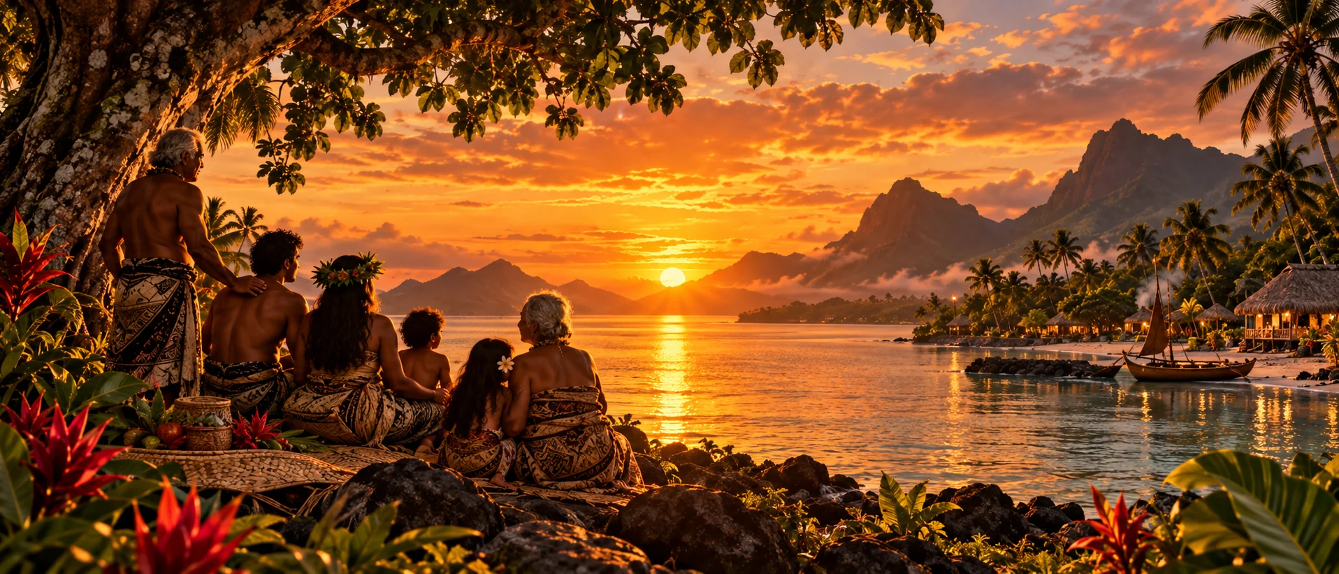 Interpretive Pacific sunset scene of a family group gathered by the shoreline, not a documented Pereira family event.