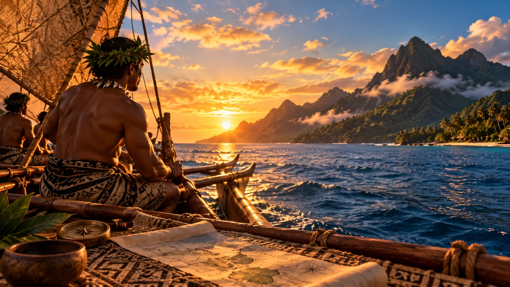 Interpretive Pacific sailing-canoe scene with decorative chart imagery, not a documented ancestral journey or route.