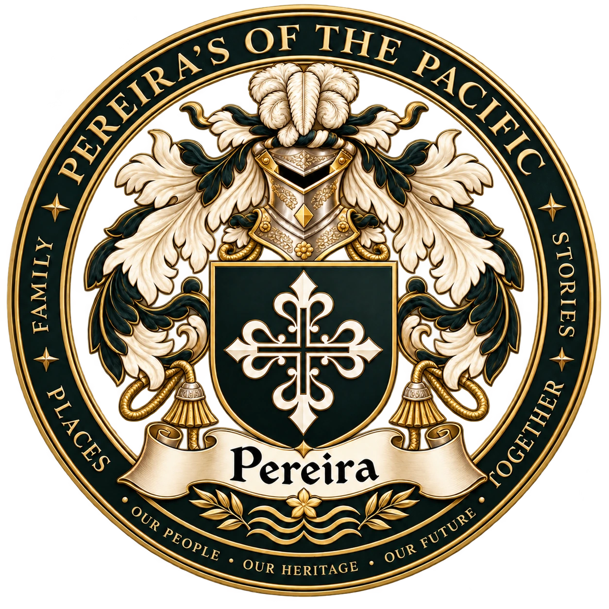 Illustrative Pereira family crest bearing the words Pereira's of the Pacific, Family, Stories, Places, Together, and Our People, Our Heritage, Our Future.
